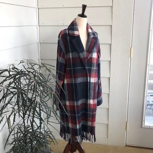 Tahari dark red, white, indigo blue plaid unlined jacket with fun fringe size M